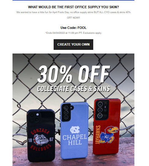 Skinit April Fools’ Day email newsletter featuring a discount code